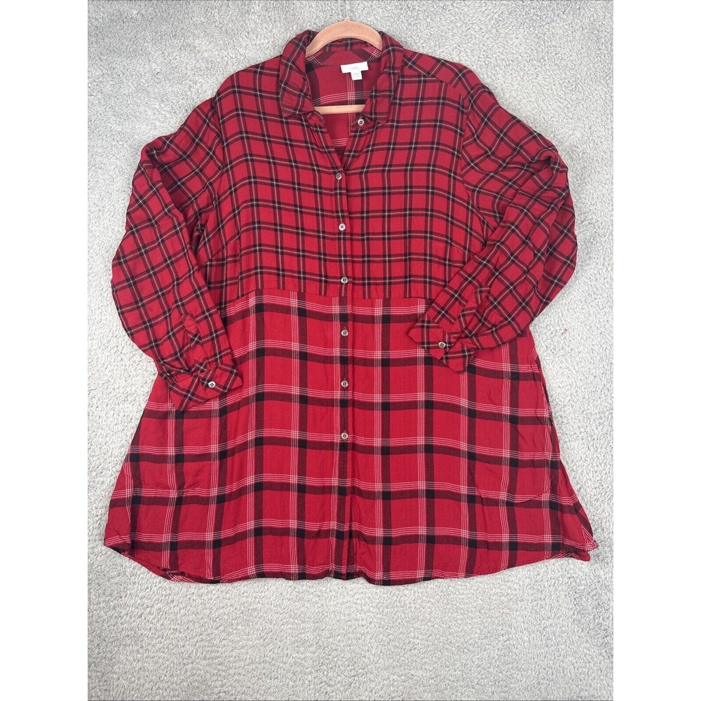 J Jill Plaid Shirt Dress Button Down Red Tartan Color Long Sleeves Cotton Sz 1X